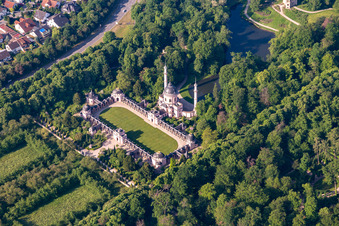 Aerial view of Building of the mosque in the castle park of Schwetzingen in the state Baden-Wurttemberg, Germany