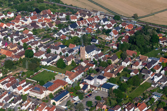 Aerial photograpy of Catholic Church of St. Sigismund in the district Heiligenstein in Römerberg in the state Rhineland-Palatinate, Germany