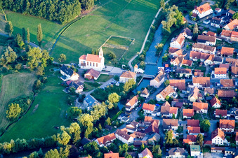 Aerial view of St. Bartholomew's Church in the district Beuren an der Aach in Singen in the state Baden-Wuerttemberg, Germany