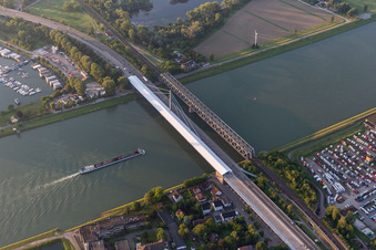 Aerial view of River - bridge construction Rheinbruecke Maxau in , Germany