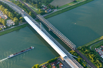 Aerial view of Construction to renovation work on the road bridge structure " Rheinbruecke Maxau " in the district Knielingen in Karlsruhe in the state Baden-Wurttemberg, Germany