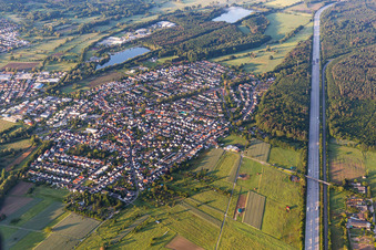 View of the town from the north next to the A5 motorway. in the district Bruchhausen in Ettlingen in the state Baden-Wuerttemberg, Germany