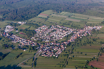 Aerial photograpy of Village - view on the edge of agricultural fields and farmland in Voelkersbach in the state Baden-Wurttemberg, Germany