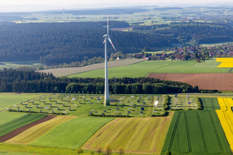 Aerial view of Wind power and PV system in Alpirsbach in the state Baden-Wuerttemberg, Germany