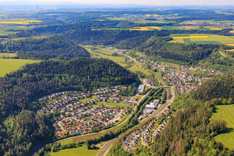 View of the town on the Neckar River from the north in Epfendorf in the state Baden-Wuerttemberg, Germany