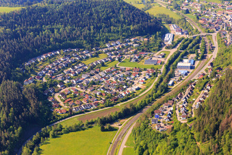 Aerial view of View of the town on the Neckar River from the north in Epfendorf in the state Baden-Wuerttemberg, Germany