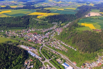 View of the town on the Neckar River from the east in Epfendorf in the state Baden-Wuerttemberg, Germany