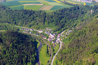 View of the town from the east, across the Neckar river in the district Talhausen in Epfendorf in the state Baden-Wuerttemberg, Germany