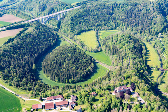 Routing and traffic lanes over the highway bridge in the motorway A 81 crossing the Neckar river loops in Rottweil in the state Baden-Wurttemberg, Germany