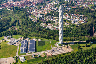 Aerial photograpy of Site of the ThyssenKrupp testing tower for Speed elevators in Rottweil in Baden - Wuerttemberg. When finished the new landmark of the town of Rottweil will be the tallest structure in Baden-Wuerttemberg