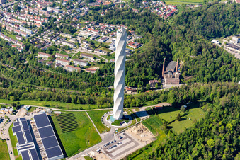Oblique view of Site of the ThyssenKrupp testing tower for Speed elevators in Rottweil in Baden - Wuerttemberg. When finished the new landmark of the town of Rottweil will be the tallest structure in Baden-Wuerttemberg
