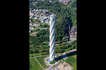 Aerial view of Thyssen-Krupp test tower for elevators in Rottweil in the state Baden-Wuerttemberg, Germany