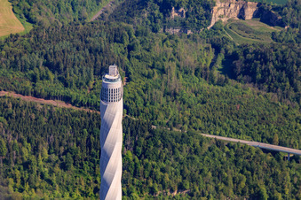 Aerial photograpy of Thyssen-Krupp TK Elevator test tower for elevators in Rottweil in the state Baden-Wuerttemberg, Germany