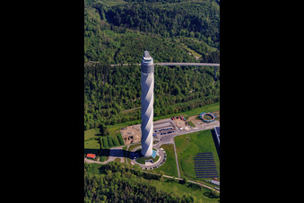 Oblique view of Thyssen-Krupp TK Elevator test tower for elevators in Rottweil in the state Baden-Wuerttemberg, Germany