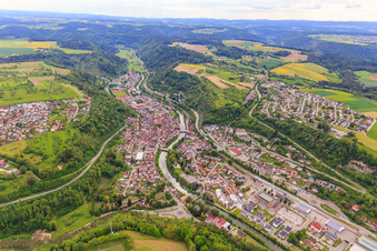 Aerial view of Overview of locations including Wöhrd-äPark on the Neckar River in Sulz am Neckar in the state Baden-Wuerttemberg, Germany