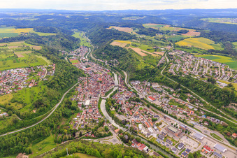 Aerial photograpy of Overview of locations including Wöhrd-äPark on the Neckar River in Sulz am Neckar in the state Baden-Wuerttemberg, Germany