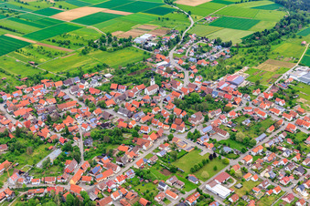 Aerial view of Village view from the southwest with Medardus Church in the district Ostdorf in Balingen in the state Baden-Wuerttemberg, Germany