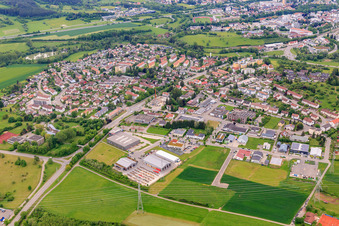 Ostdorfer Straße from the northwest with Holz-Reichert and Berolino Spiel- und Kletterwelt UG & Co. KG in Balingen in the state Baden-Wuerttemberg, Germany