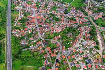 View of the town between B27 and railway line from the southwest in the district Engstlatt in Balingen in the state Baden-Wuerttemberg, Germany