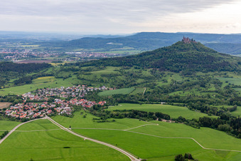 Agricultural land and field borders surround the settlement area of the village in the district Zimmern in Bisingen in the state Baden-Wurttemberg, Germany
