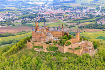 Hohenzollern Castle in the district Zimmern in Bisingen in the state Baden-Wuerttemberg, Germany seen from above