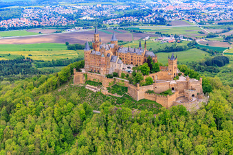 Hohenzollern Castle in the district Zimmern in Bisingen in the state Baden-Wuerttemberg, Germany from the plane