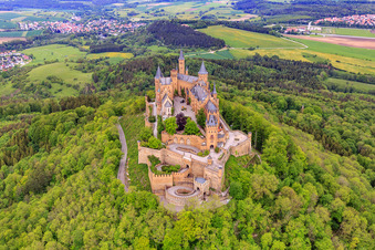 Drone image of Hohenzollern Castle in the district Zimmern in Bisingen in the state Baden-Wuerttemberg, Germany