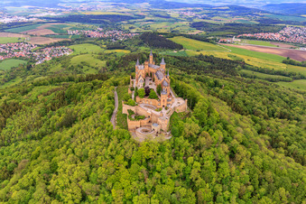 Hohenzollern Castle in the district Zimmern in Bisingen in the state Baden-Wuerttemberg, Germany from the drone perspective