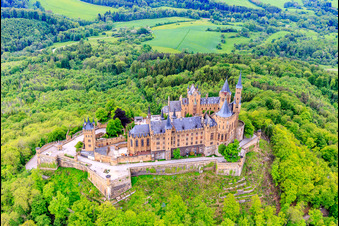 Aerial view of Hohenzollern Castle in the district Zimmern in Bisingen in the state Baden-Wuerttemberg, Germany