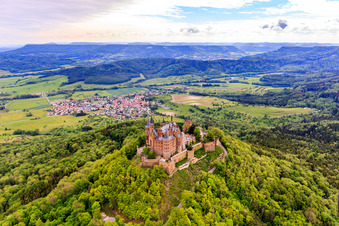 Oblique view of Hohenzollern Castle in the district Zimmern in Bisingen in the state Baden-Wuerttemberg, Germany