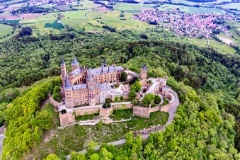 Hohenzollern Castle in the district Zimmern in Bisingen in the state Baden-Wuerttemberg, Germany from above