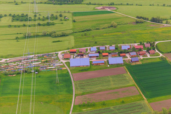 Aerial view of Bird nesting box for wooden sheds with PV roofs in Rangendingen in the state Baden-Wuerttemberg, Germany