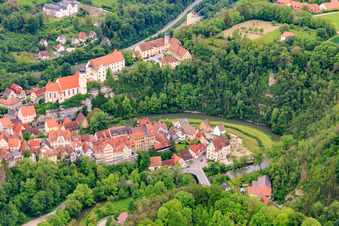 Aerial view of Castle Haigerloch, Castle Church of the Holy Trinity and Atomic Cellar Museum Haigerloch above the Eyach in Haigerloch in the state Baden-Wuerttemberg, Germany