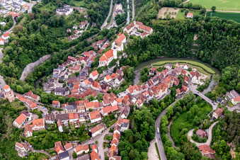 Aerial view of Castle of Haigerloch above the Eyach in Haigerloch in the state Baden-Wurttemberg, Germany