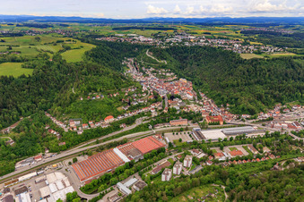 Aerial view of Industrial area in the Neckar Valley with former Mauser works Oberndorf with KRAUSE + MAUSER and Sand CNC technology in Oberndorf am Neckar in the state Baden-Wuerttemberg, Germany
