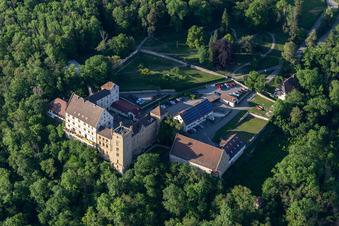 Aerial view of Complex of the hotel building Hotel Schloss Weitenburg in Starzach in the state Baden-Wurttemberg, Germany