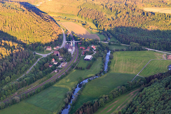 Glatt Valley with St. Ulrich Chapel and railway line in the district Betra in Horb am Neckar in the state Baden-Wuerttemberg, Germany