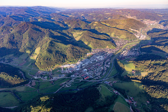 Aerial view of Industrial and commercial area Hinterer Bahnhof in Hausach in the state Baden-Wurttemberg, Germany