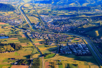 Aerial view of Overview of locations and the route of the B33 in the Kinzig Valley from the southeast in Gengenbach in the state Baden-Wuerttemberg, Germany