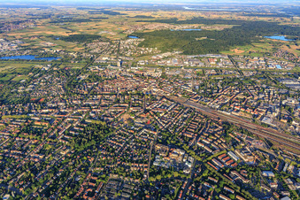 City overview from the northeast with freight yard in Offenburg in the state Baden-Wuerttemberg, Germany