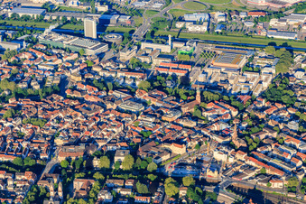 City overview from the northeast with Burda Media Park in Offenburg in the state Baden-Wuerttemberg, Germany
