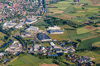 Industrial and commercial area Im Lossenfeld with Lackmann Fleisch- and Feinkostfabrik GmbH, Philipp Kirsch GmbH, W. Armbruster Teigwarenfabrik GmbH, TBV Kuehlfahrzeuge GmbH and ORSAY GmbH in Willstaett in the state Baden-Wurttemberg, Germany