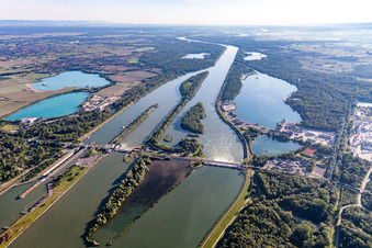 Aerial view of Rhine Lock Gambsheim-Freistett in the district Freistett in Rheinau in the state Baden-Wuerttemberg, Germany