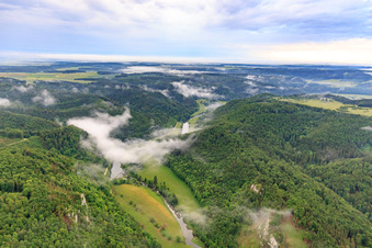 Course of the Danube in the Upper Danube Valley in morning mist in Beuron in the state Baden-Wuerttemberg, Germany