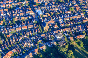 Aerial view of Evangelical Church Neureut North in the district Neureut in Karlsruhe in the state Baden-Wuerttemberg, Germany