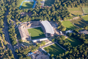 Aerial view of KSC Wildparkstadion, construction site in the district Innenstadt-Ost in Karlsruhe in the state Baden-Wuerttemberg, Germany