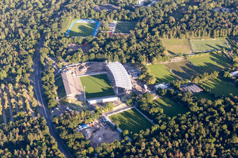 Aerial photograpy of Extension and conversion site on the sports ground of the stadium "Wildparkstadion" of the KSC in Karlsruhe in the state Baden-Wurttemberg, Germany