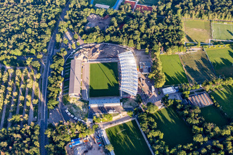 Aerial view of Extension and conversion site on the sports ground of the stadium " Wildparkstadion " in Karlsruhe in the state Baden-Wurttemberg, Germany