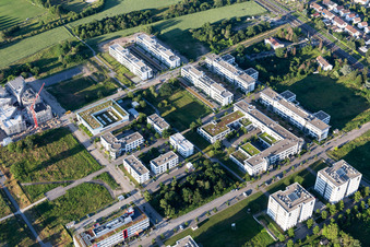 Technology Park in the district Rintheim in Karlsruhe in the state Baden-Wuerttemberg, Germany from the plane