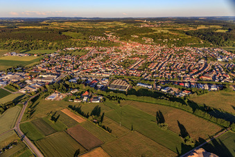 Aerial view of View of the town from the west in Weingarten in the state Baden-Wuerttemberg, Germany